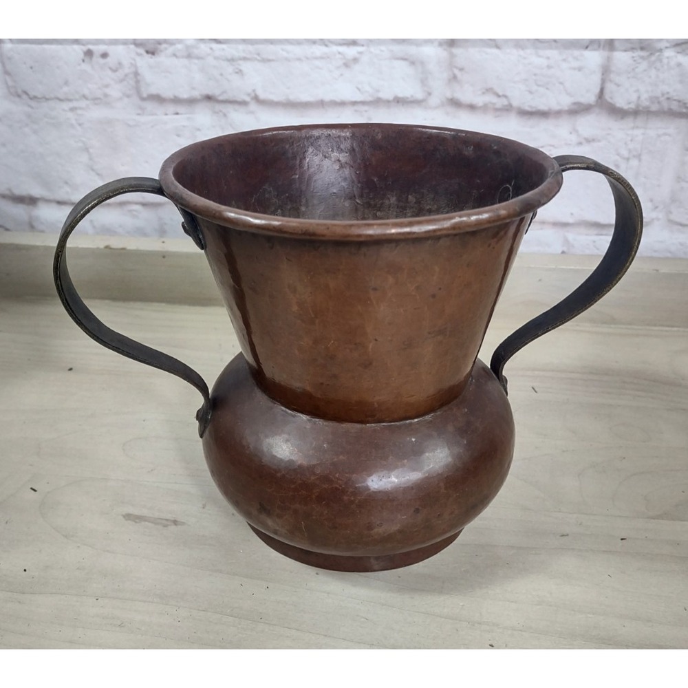 Vtg Hand Hammered Solid Copper Vase Urn Brass Handles Rustic Farm Decor Heavy